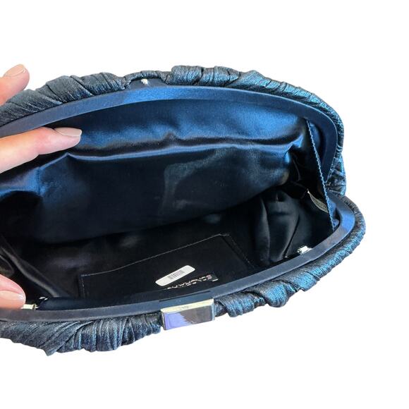 SONDRA ROBERTS Navy Blue Metallic Silk Gathered Pleated Evening Clutch Handbag - Picture 8 of 10
